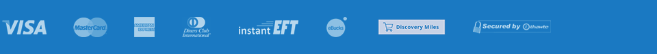VISA, MasterCard, Amex, Diners Club, Instant EFT, eBucks, creditcart, Discovery Miles - Secured by thawte